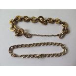 A 9ct gold bracelet marked 9, missing catch approx 15 grams, and another bracelet, no hallmark,