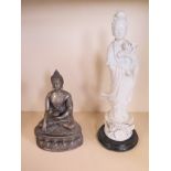 An eastern seated metal figure, 19cm tall, and a blanc de chine figure, 34cm tall with losses and