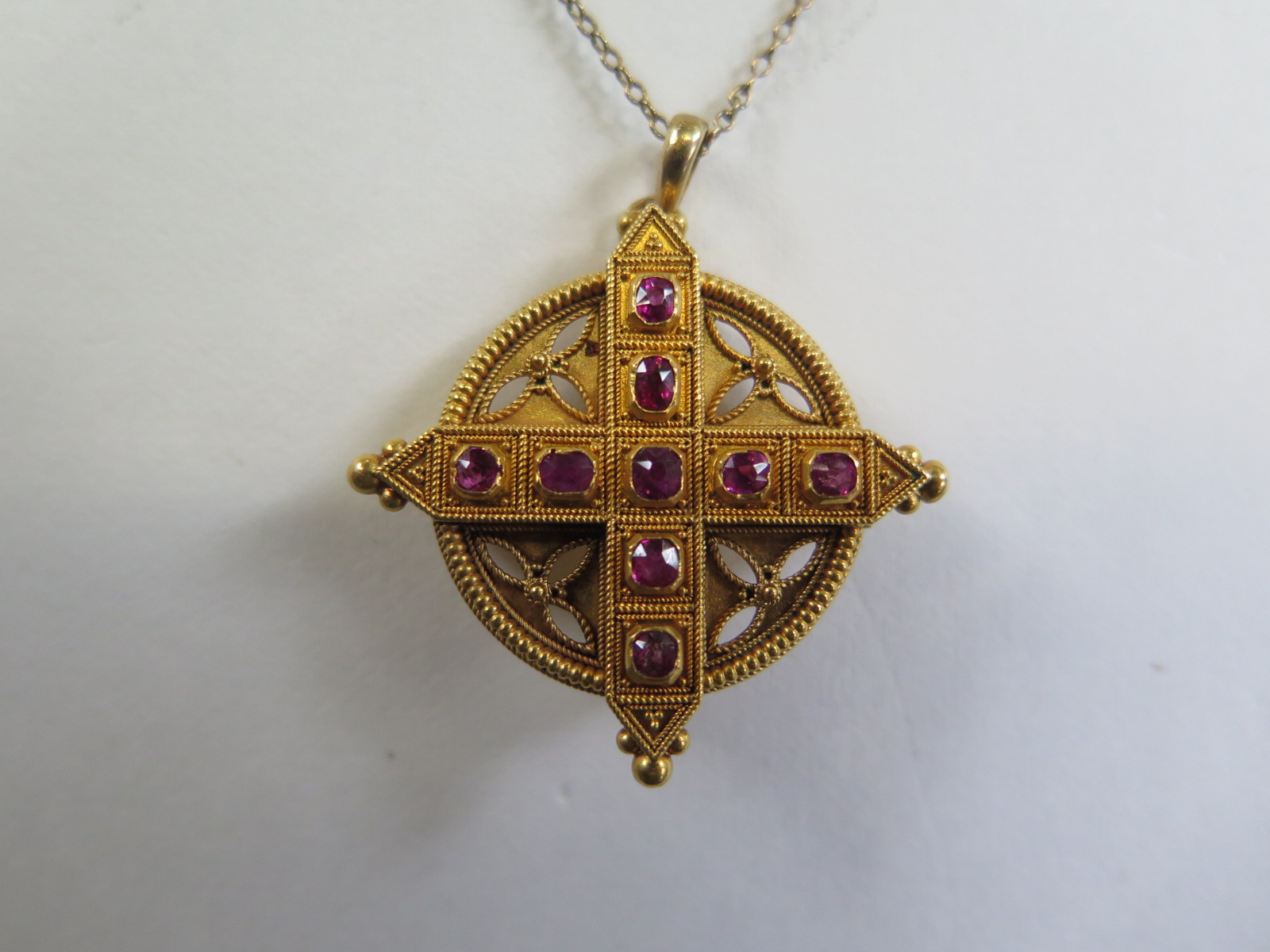 A Victorian gold pendant brooch 30mm x 30mm set with nine pink stones, approx weight 8.7 grams, - Image 2 of 4
