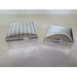 Two silver desk cigarette boxes, 5cm x 8cm x 9cm, minor dents and wear to both