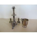 A silver plated tankard engraved Elizabeth, and a plated epergne stand - 19cm tall - missing