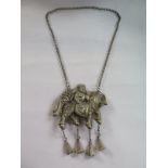 An Oriental white metal bell pendant necklace, 44cm long, good condition