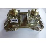 A silver plated two bottle inkstand - Width 20cm