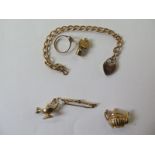 A 9ct hallmarked gold chain, 17cm long, a hallmarked 9ct gold charm, a 9ct gold ring missing its