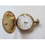 A gold plated Omega hunter pocket watch, 50mm wide, crescent case, number 802145, clean running