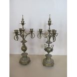 A pair of three branch brass candelabra, 48cm tall, both generally good