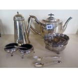 A Silver teapot, silver chocolate pot with replacement handle, a silver bowl, a pair of salts with