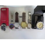 Five quartz gents watches in good condition, to include a steel, Swiss Swatch Irony and a boxed