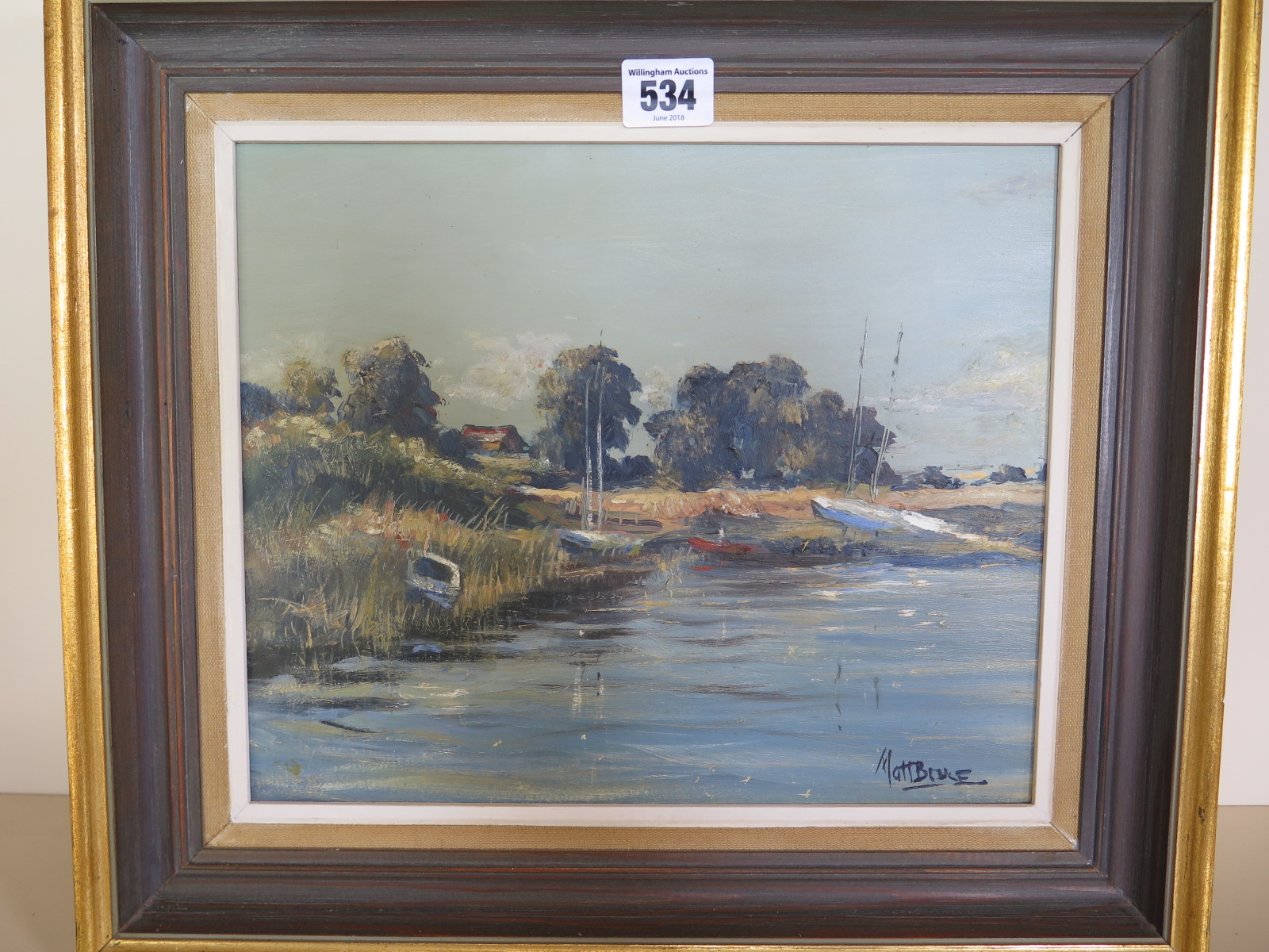 An oil on board - by Matt Bruce R I (1915-2000) - river scene - 23.5cm x 28.5cm - signed