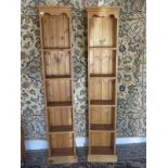 A pair of modern pine slim jim CD/Book cases - 181cm tall, 36cm wide - shelf depth 18cm