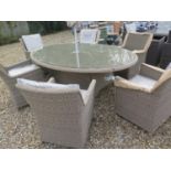 A Bramblecrest Oakridge oval table - 220cm x 150cm - a parasol and base and six armchairs with