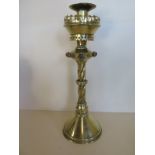 A Pugin design brass candle stick with agate roundels, 39cm H, some bending but generally good