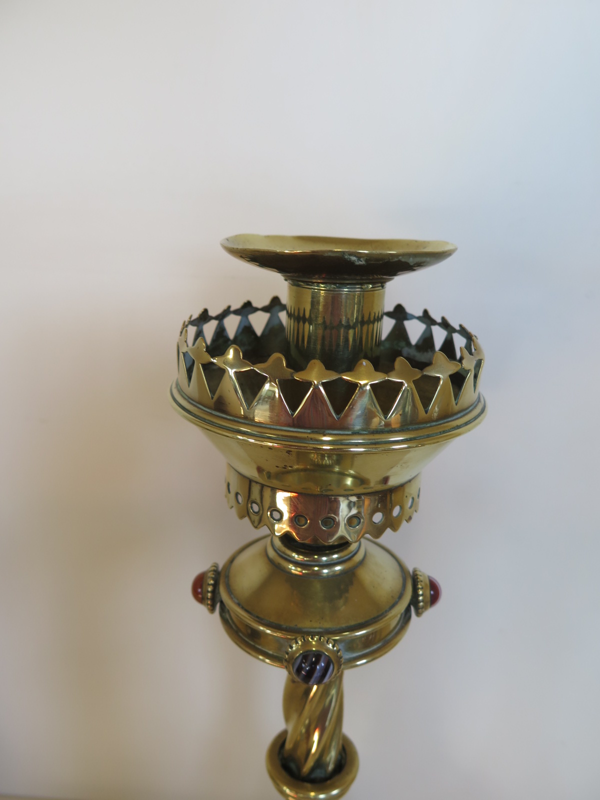 A Pugin design brass candle stick with agate roundels, 39cm H, some bending but generally good - Image 2 of 7