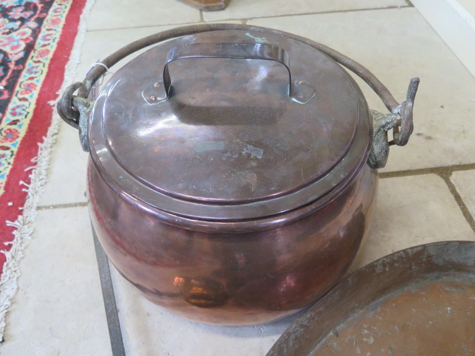 A large 19th century copper cauldron with lid and a chestnut roaster, overall approximate height - Image 5 of 5