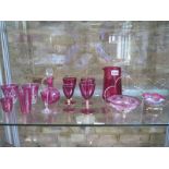 A selection of cranberry and glass coloured glass ware, thirteen pieces, all generally good