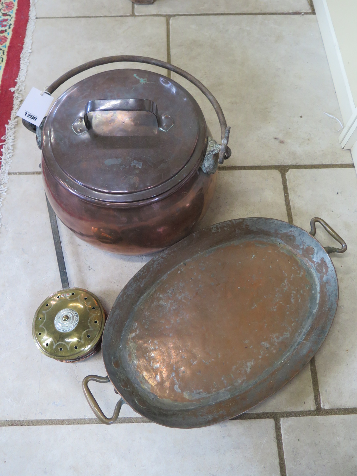 A large 19th century copper cauldron with lid and a chestnut roaster, overall approximate height