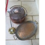 A large 19th century copper cauldron with lid and a chestnut roaster, overall approximate height