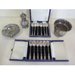 A collection small silver items, two cased sets of silver teaspoons, Birmingham 1961, the other