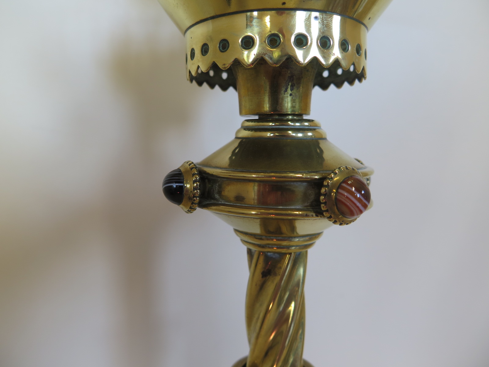 A Pugin design brass candle stick with agate roundels, 39cm H, some bending but generally good - Image 4 of 7