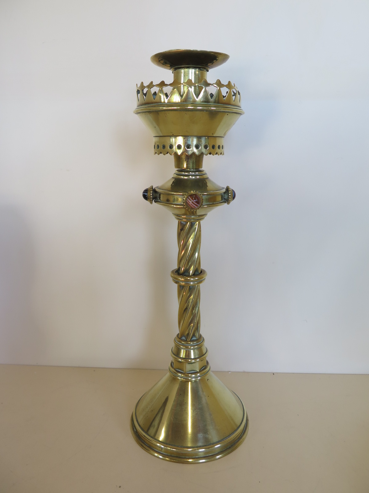 A Pugin design brass candle stick with agate roundels, 39cm H, some bending but generally good - Image 3 of 7
