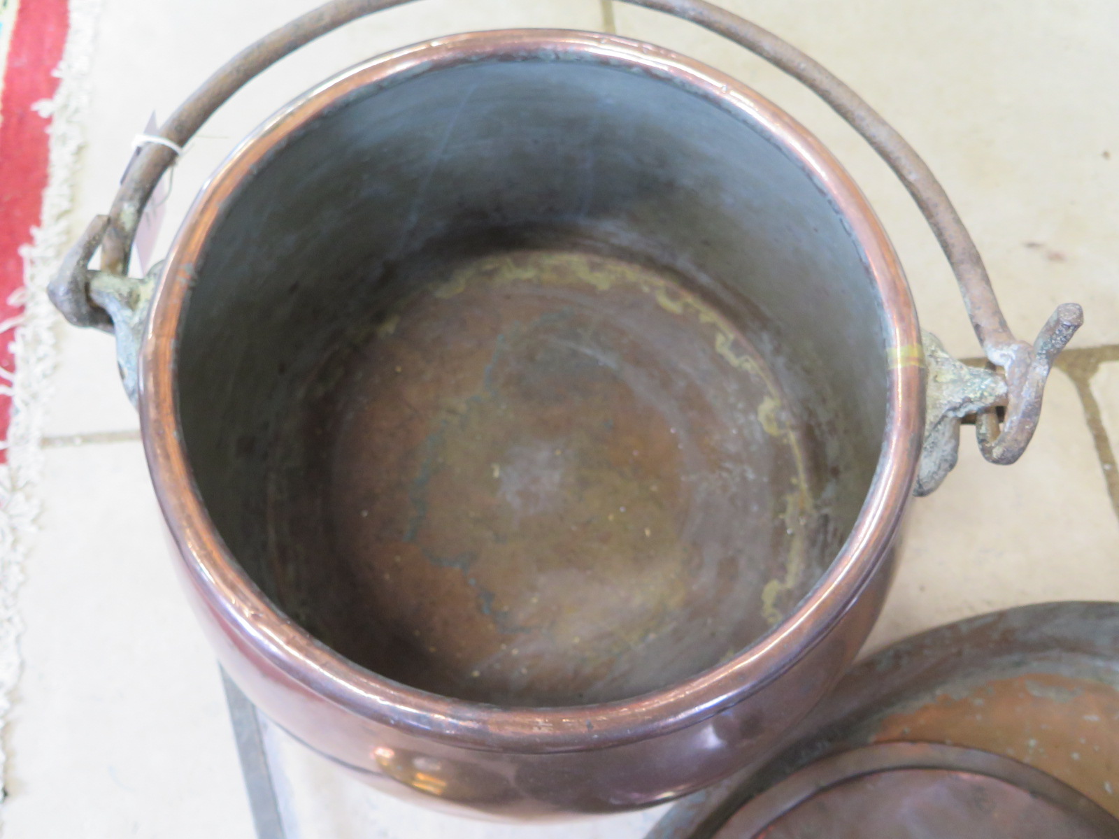 A large 19th century copper cauldron with lid and a chestnut roaster, overall approximate height - Image 3 of 5