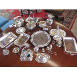 A collection of various plated wears including two tea pots, a Mappin & Webb serving tray, some