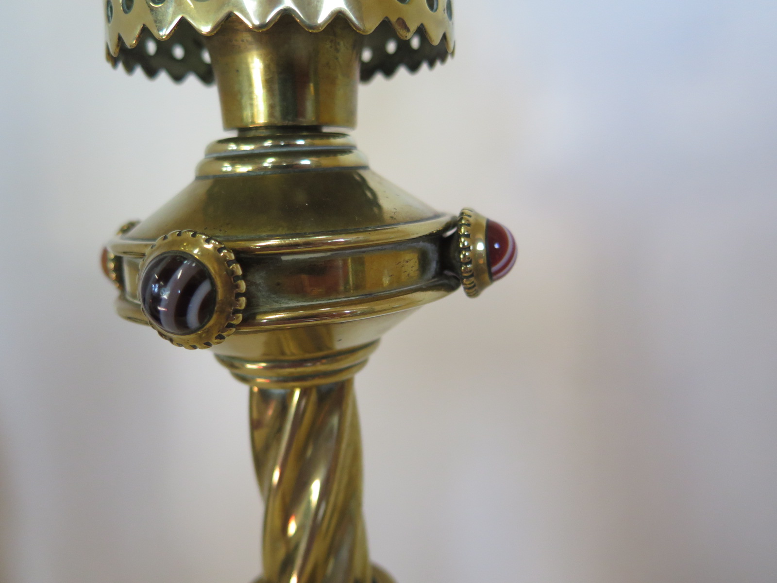 A Pugin design brass candle stick with agate roundels, 39cm H, some bending but generally good - Image 5 of 7