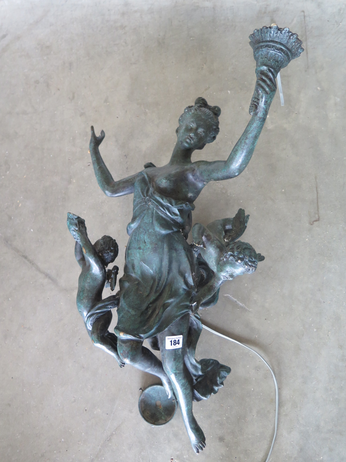 A large figural bronze light fitting of classical design with painted green patination - 70cm H