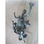 A large figural bronze light fitting of classical design with painted green patination - 70cm H