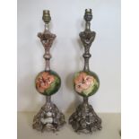 A pair of Moorcroft Hibiscus ball table lamps on resin bases - 46cm tall, some flaking to gilt