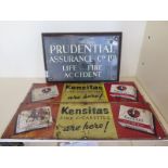 A copper sign on wooden base, Prudential Assurance Co Ltd, together with two tin Kensitas