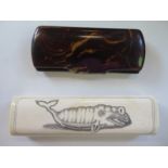 A pair of Vintage spectacles in a tortoiseshell case, and a bone box with whale decoration - 15cm