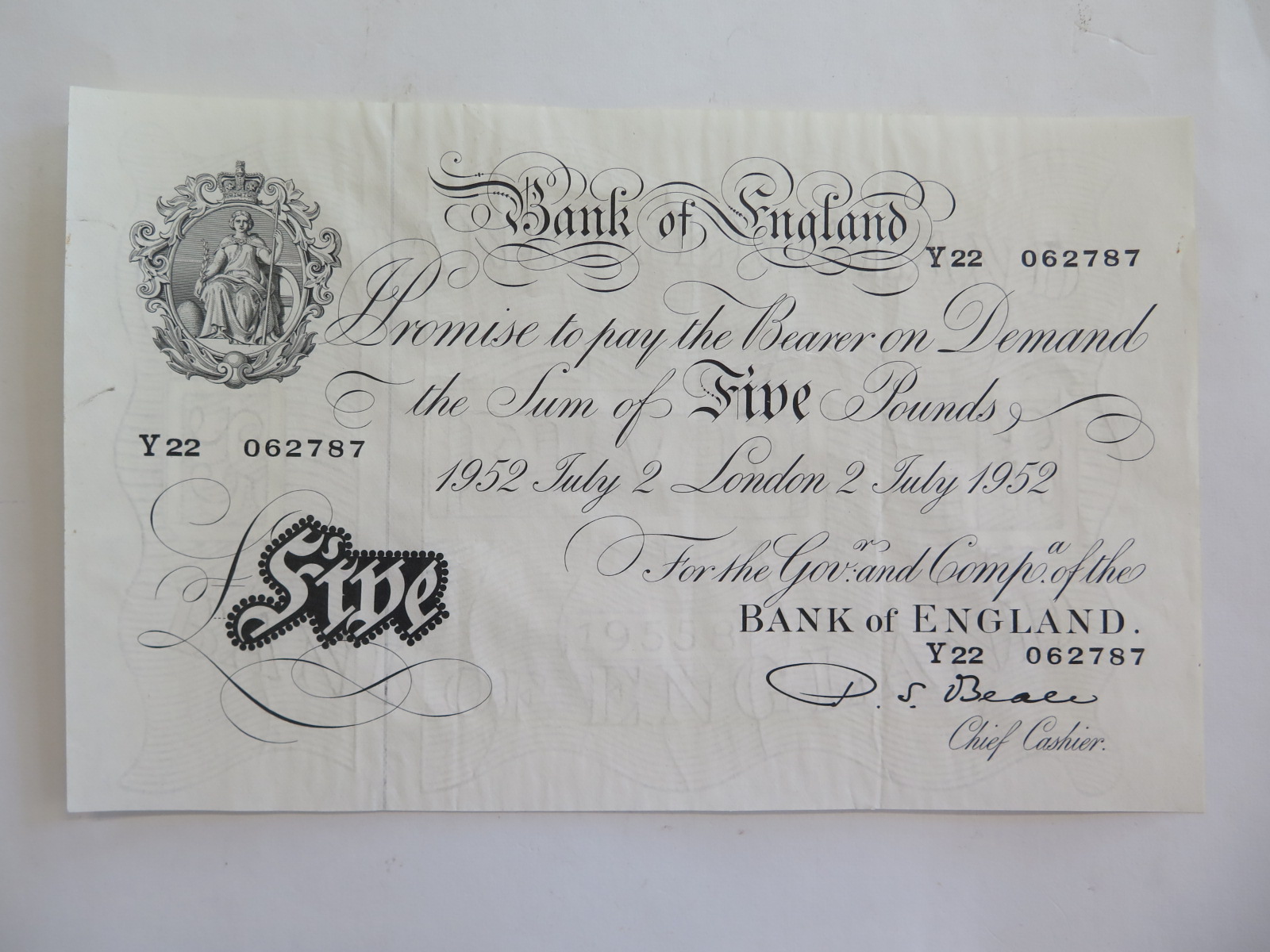A Bank of England White five pound note - July 2 1952, chief cashier - P S Beale - Y22 062787 - good