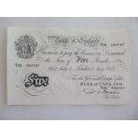 A Bank of England White five pound note - July 2 1952, chief cashier - P S Beale - Y22 062787 - good