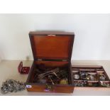 A Victorian walnut jewellery box with contents of assorted jewellery, watches and trinkets