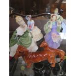 Four Royal Doulton Figurines of ladies together with two dachshund figurines, without boxes, see