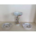 A Continental flower encrusted porcelain centre piece 33cm tall, and a pair of Spode Copeland