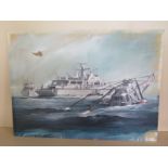 Of Military interest a watercolour of a ditched helicopter signed Russel - 41cm x 56cm