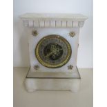 A French alabaster mantle clock with gilt decoration, exposed escapement, 8 day, 26.5cm H x 19.5cm