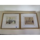 A pair of Rowland Fisher watercolours of fishing boats one initialed R F - 12cm x 14cm - frame