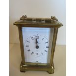 A French brass carriage clock - 12cm H, not running probably over wound