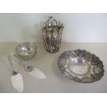 Five pieces of continental silver to include a 925 silver cup with twelve 800 spoons, two 800 silver