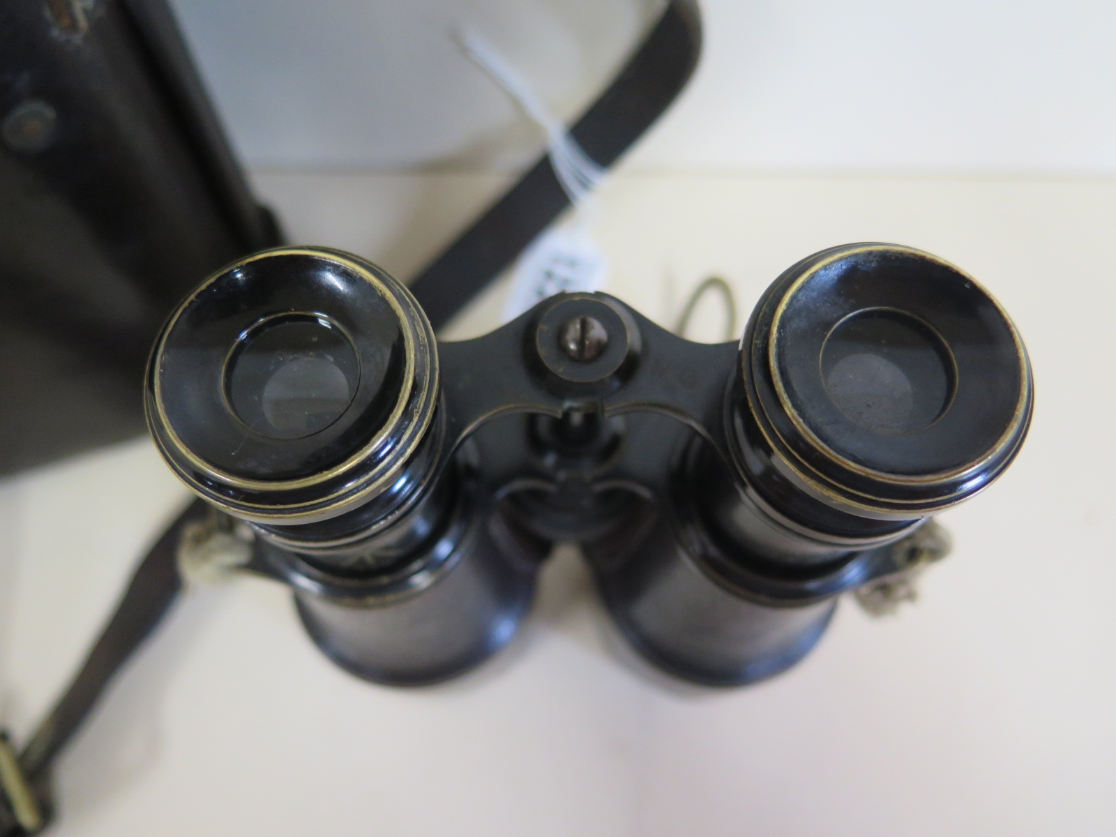 A pair of WW1 binoculars, stamped with a broad arrow MK V SPL 54791, with leather case, stamped - Image 3 of 5