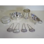 A collection of silver items including a silver sauceboat, a small tankard, taste du vin, a