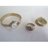 A 9ct gold ring inlaid with amethyst and other colourful stones, ring size N/O, together with a