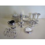 Nine pieces of assorted silver including a pair of weighted vases, total weighable silver approx
