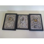 Three Greek icons with 925 and 950 silver embossed panels, copies of Byzantine Art - 22cm x 16cm and