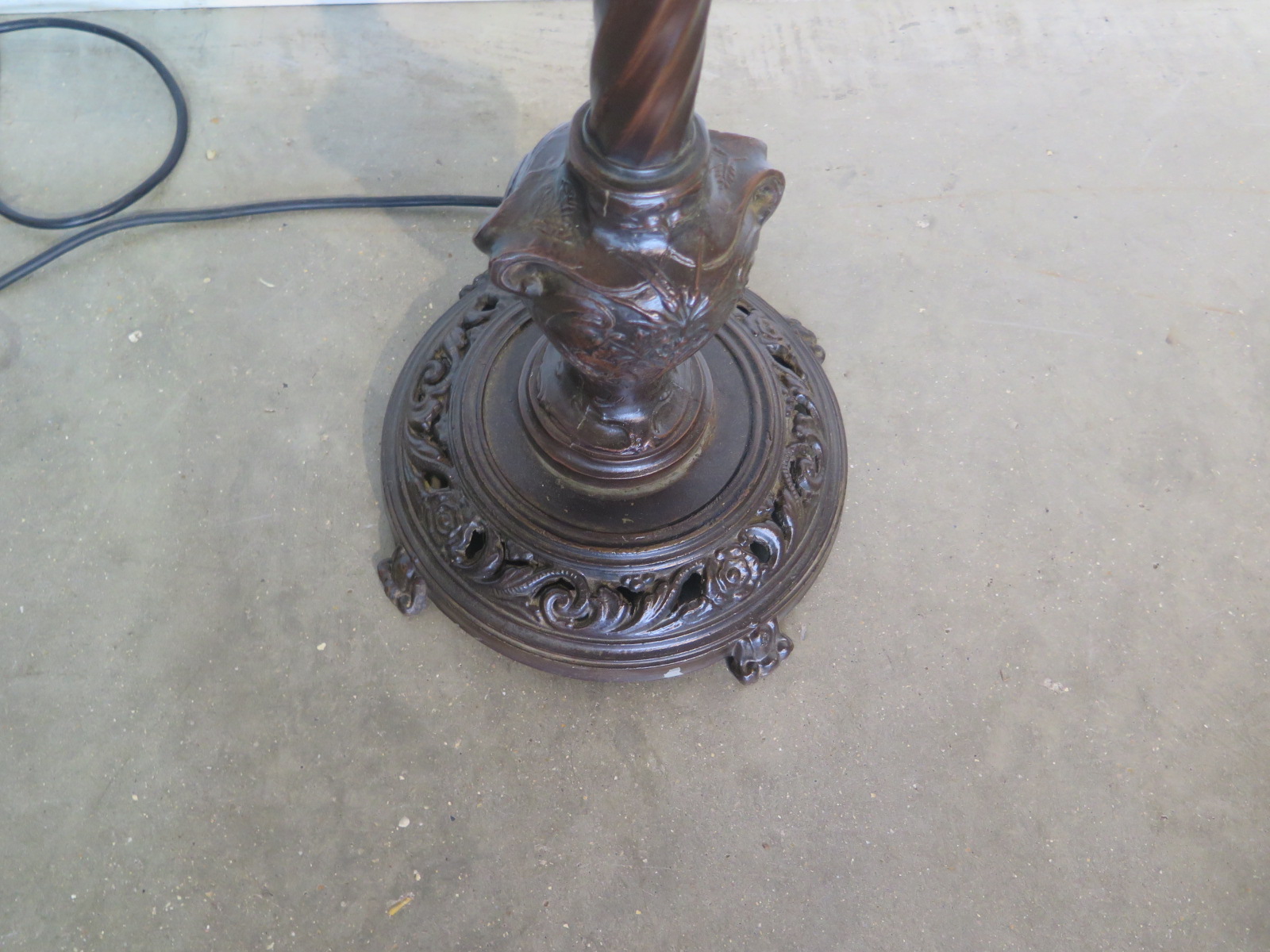 A very unusual 1920s standard lamp and shade, bronzed metal column finishing in a cast iron base - Image 2 of 2