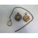 A silver pair cased watch, a gold plated Waltham hunter pocket watch and a small silver watch on