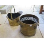 A brass two handled log box together with a similar coal bucket